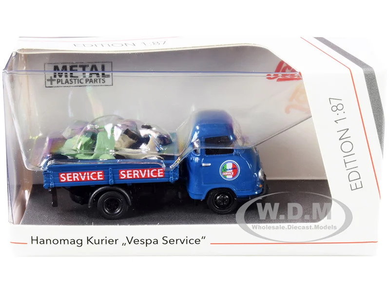Hanomag Kurier Transporter "Vespa Service" Blue with 2 Vespas (Green and Cream) 1/87 (HO) Diecast Models by Schuco - Other