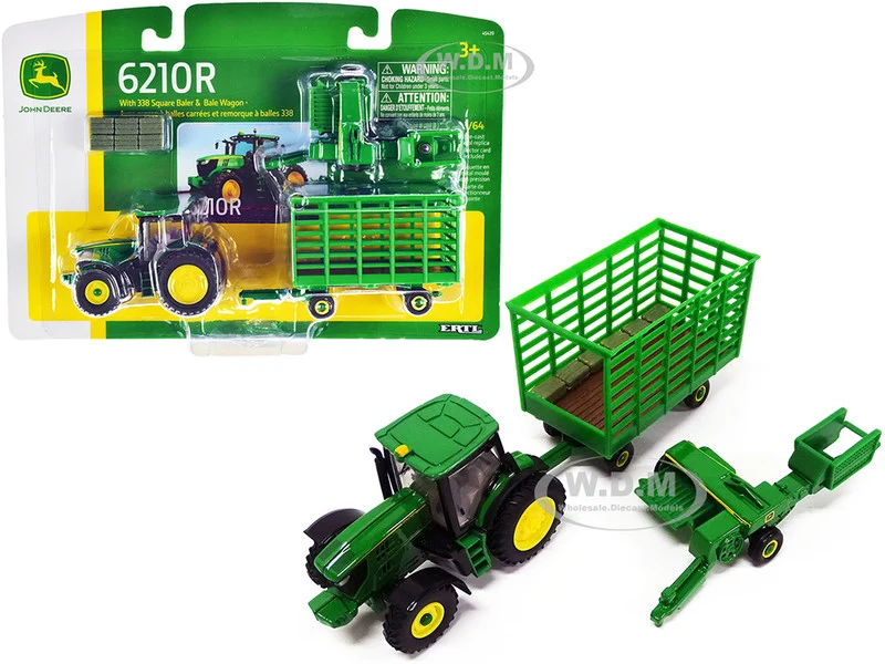 John Deere 6210R Tractor with 338 Square Baler and Bale Wagon and 6 Bales 1/64 Diecast Models by ERTL TOMY - John Deere Models