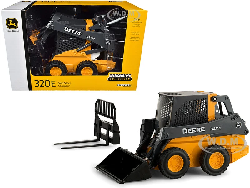 John Deere 320E Wheeled Skid Steer with Fork and Bucket Work Tools "Prestige Collection" 1/16 Diecast Model by ERTL TOMY - Construction Models