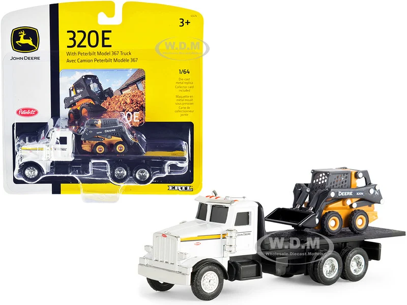 Peterbilt 367 Flatbed Truck White with John Deere 320E Skid Steer Loader 1/64 Diecast Models by ERTL TOMY - Peterbilt Models