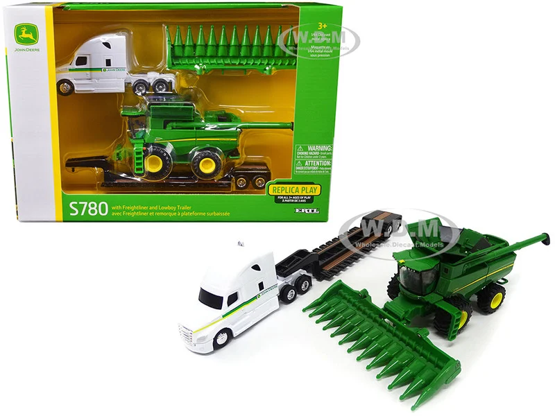Freightliner Tractor White with Lowboy Trailer and John Deere S780 Wheeled Combine with Corn Head Set of 3 pieces 1/64 Diecast Models by ERTL TOMY - Freightliner Models