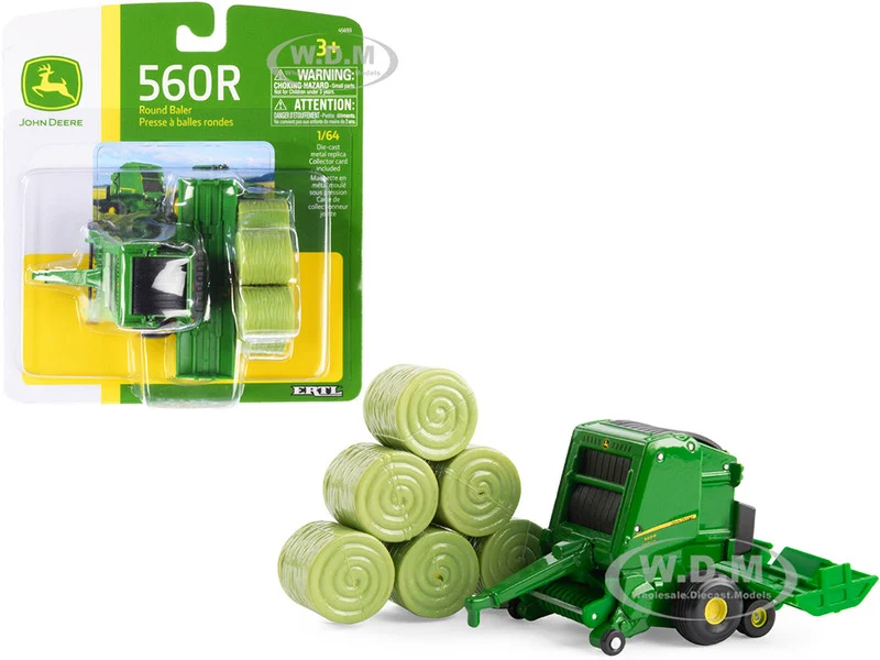 John Deere 560R Round Baler Green with Six Hay Bales 1/64 Diecast Model by ERTL TOMY - John Deere Models