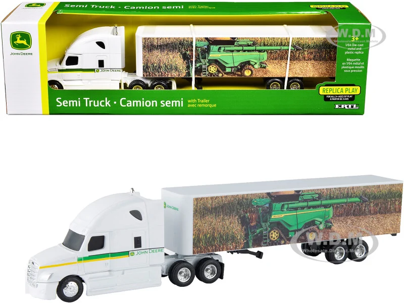 Semi Truck with Trailer "John Deere" White with Green Stripes "Replica Play" 1/64 Diecast Model by ERTL TOMY - John Deere Models