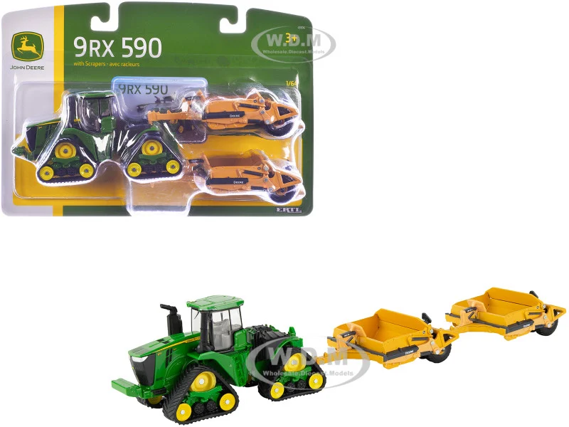 John Deere 9RX 590 Tractor Green with Two 1812D C Scrapers Yellow 1/64 Diecast Model by ERTL TOMY - John Deere Models