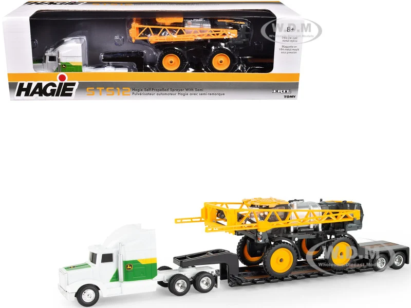 Semi Truck "John Deere" White and Green with Flatbed Trailer and Hagie STS12 Sprayer Yellow 1/64 Diecast Models by ERTL TOMY - Tractors & Farm Models