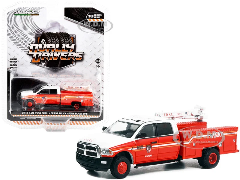 2018 Ram 3500 Dually Crane Truck Red and White with Stripes "FDNY (Fire Department of the City of New York) Plant Ops" "Dually Drivers" Series 10 1/64 Diecast Model Car by Greenlight - Fire and Rescue Models