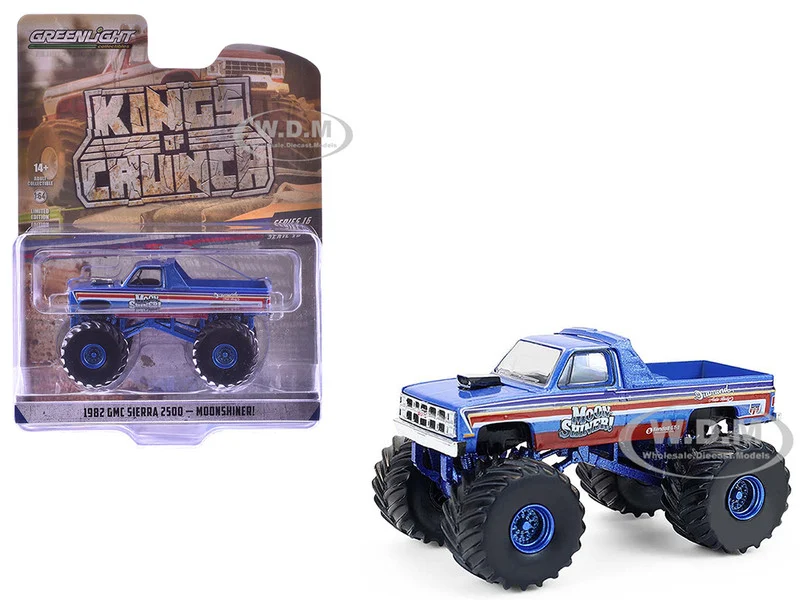 1982 GMC Sierra 2500 Monster Truck "Moonshiner!" Blue Metallic with Stripes "Kings of Crunch" Series 16 1/64 Diecast Model Car by Greenlight - GMC Models