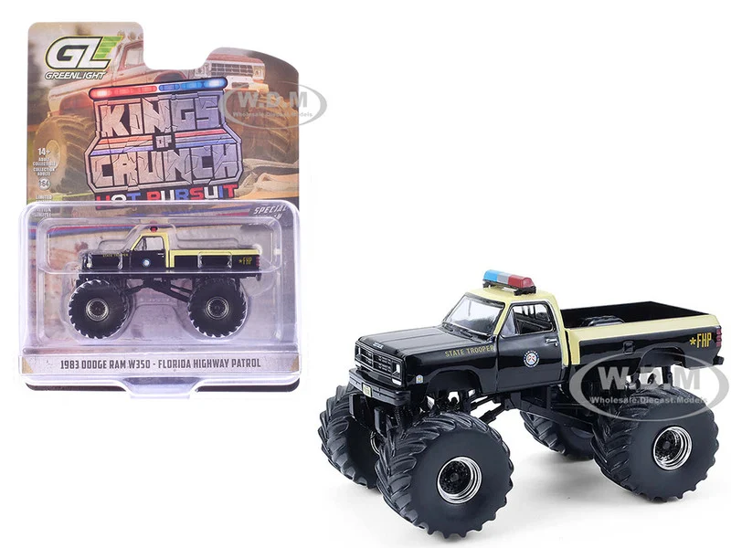 1983 Dodge Ram W350 Monster Truck "Florida Highway Patrol" Black with Cream Top and Stripes "Kings of Crunch - Hot Pursuit" Special Edition 1/64 Diecast Model Car by Greenlight