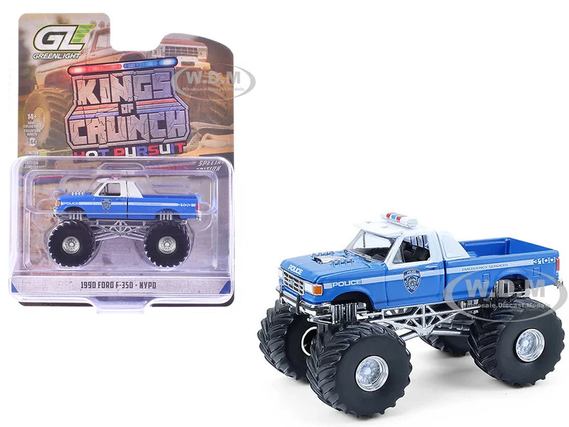 1990 Ford F-350 Monster Truck "NYPD (New York Police Department)" Blue with White Top "Kings of Crunch - Hot Pursuit" Special Edition 1/64 Diecast Model Car by Greenlight