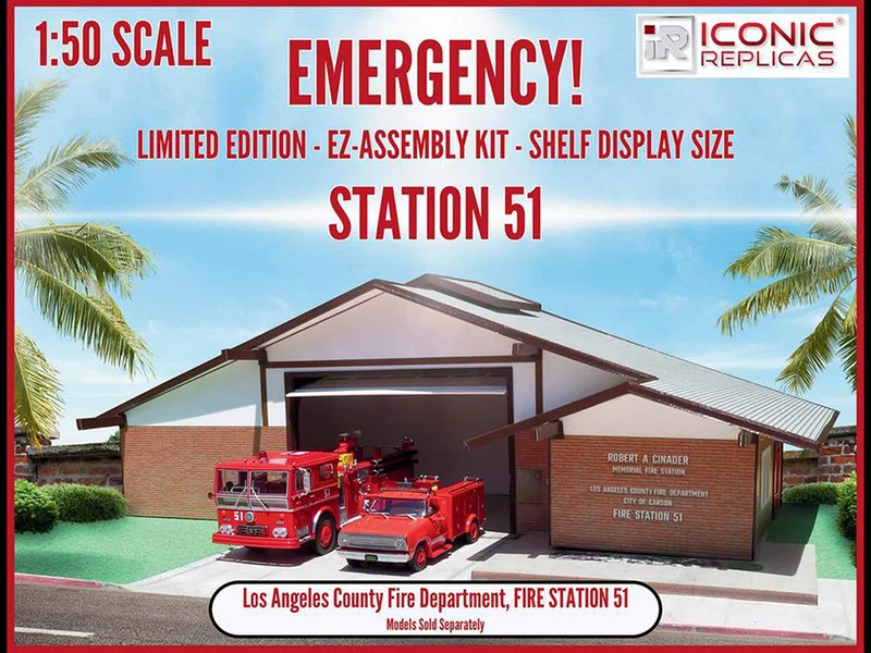 Los Angeles County Fire Department Fire Station 51 Diorama EZ Assembly Kit "Emergency!" Series 1/50 Model by Iconic Replicas - Fire and Rescue Models