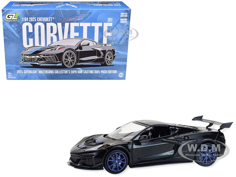 2025 Chevrolet Corvette C8 ZR1 Black with Blue Stripes with Raw Casting Dual Pack "2025 Greenlight Waltersons Collector's Expo Exclusive" 1/64 Diecast Model Car by Greenlight - Chevrolet Models