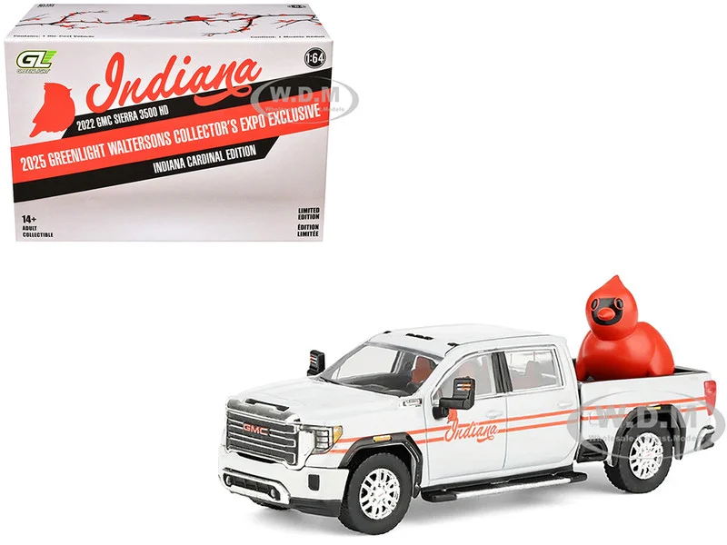 2022 GMC Sierra 3500 HD Pickup Truck "Indiana Cardinals" Silver Metallic with Red Stripes and Cardinal Figure "2025 Greenlight Waltersons Collector's Expo Exclusive" 1/64 Diecast Model Car by Greenlight - GMC Models