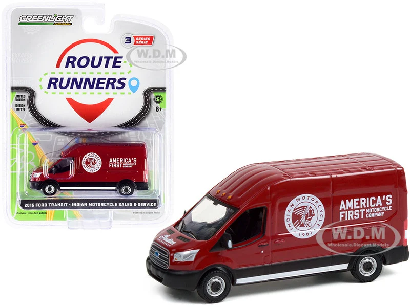 2015 Ford Transit LWB High Roof Van Burgundy "Indian Motorcycle Sales & Service" "Route Runners" Series 3 1/64 Diecast Model by Greenlight - Ford Models
