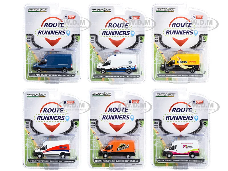 "Route Runners" Set of 6 Vans Series 5 1/64 Diecast Model Cars by Greenlight - 1/64 Scale Sets