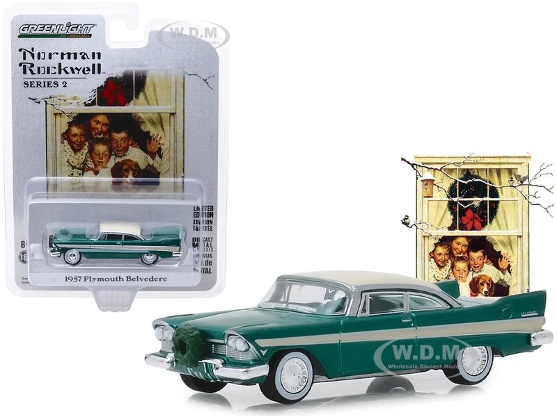 1957 Plymouth Belvedere with Wreath Accessory Green with Cream Top "Norman Rockwell" Series 2 1/64 Diecast Model Car by Greenlight - Plymouth Models