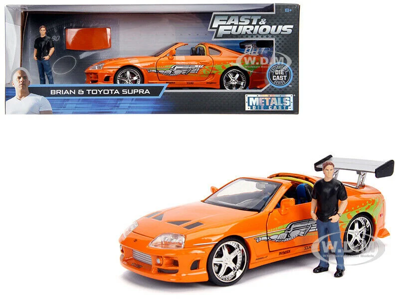 Toyota Supra Orange Metallic with Brian Diecast Figurine "Fast & Furious" Movie 1/24 Diecast Model Car by Jada - Movie/TV Series Models
