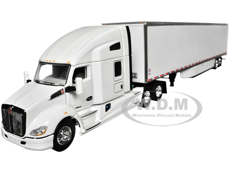 Kenworth T680 with 76" High Roof Sleeper and 53' Smooth Sided Dry Goods Trailer White 1/64 Diecast Model by DCP/First Gear - Kenworth Models