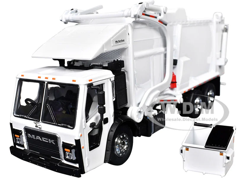 Mack LR Refuse Garbage Truck with McNeilus Meridian Front Loader White with Trash Bin 1/64 Diecast Model by DCP/First Gear - Mack Models