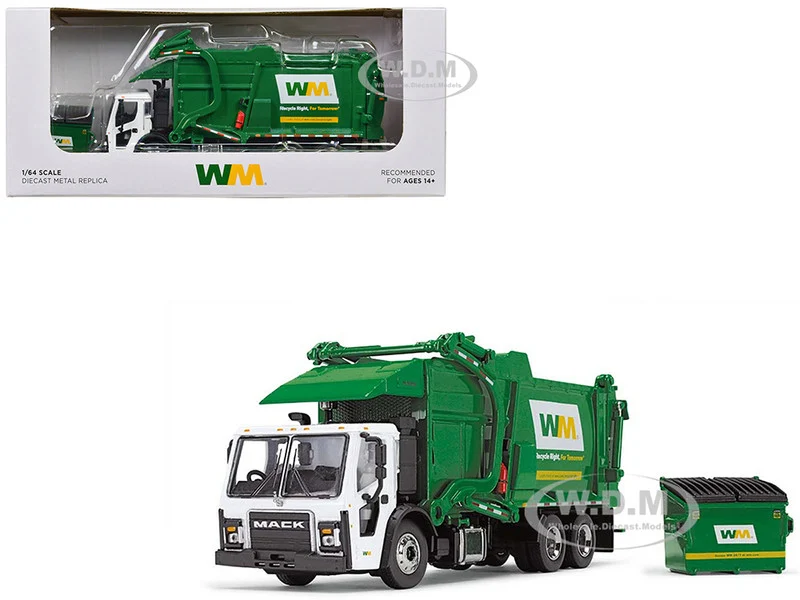 Mack LR Garbage Truck with McNeilus Meridian Front Load Refuse Body White and Green with Refuse Bin "Waste Management" 1/64 Diecast Model by First Gear - Mack Models