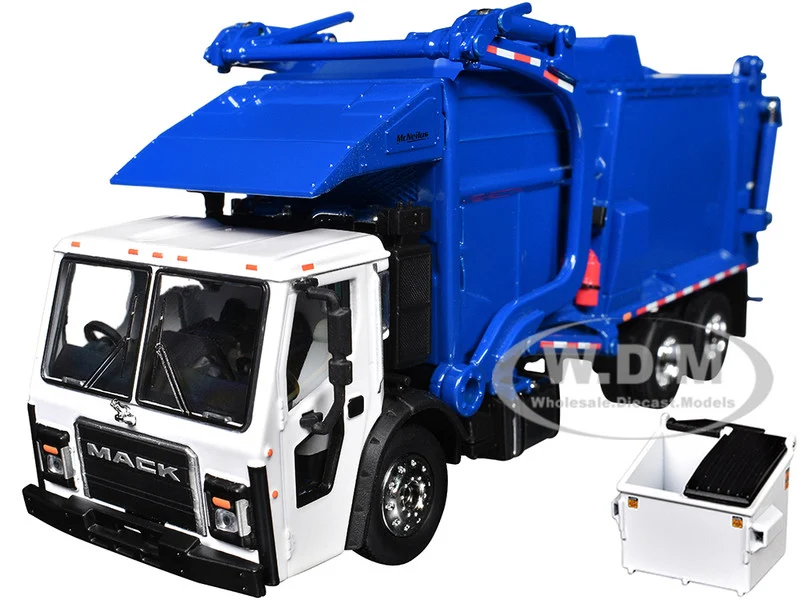 Mack LR Refuse Garbage Truck with McNeilus Meridian Front Loader White and Blue with Trash Bin 1/64 Diecast Model by DCP/First Gear - Mack Models