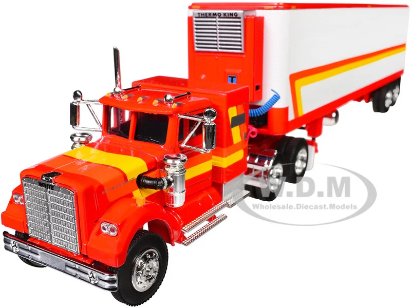 White Western Star 4900 with 36" Vintage Flat Top Sleeper and Wilson 40' Vintage Refridgerated Trailer Red and White with Stripes 1/64 Diecast Model by DCP/First Gear - Western Star Models