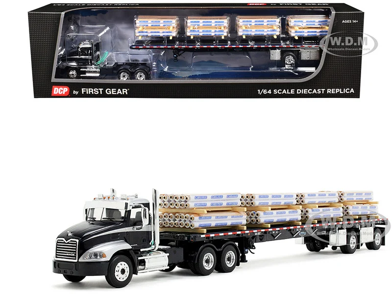 Mack Pinnacle Day Cab with Minimizer Parts & 53' Wilson Roadbrute Flatbed Trailer with "Carlisle Roofing" Loaded Pallets Black with Silver Top and Stripes 1/64 Diecast Model by DCP/First Gear - Mack Models