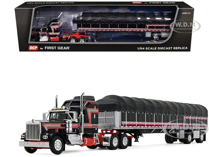 Kenworth W900A with 60" Aerodyne Sleeper and 53’ Wilson Roadbrute Flatbed Trailer with Covered Wagon Black with Red Stripes 1/64 Diecast Model by DCP/First Gear - Kenworth Models