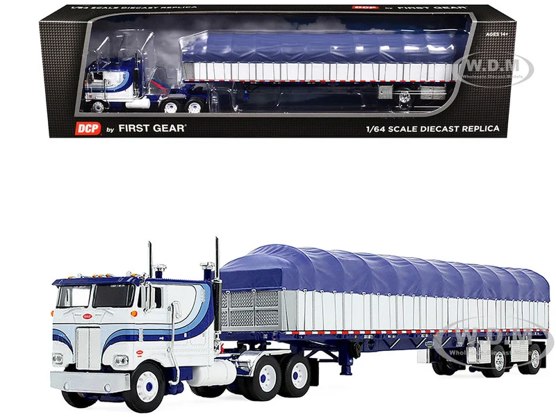 Peterbilt 352 COE 110" Sleeper and 53’ Wilson Roadbrute Flatbed Trailer with Covered Wagon White with Blue Stripes 1/64 Diecast Model by DCP/First Gear - Peterbilt Models
