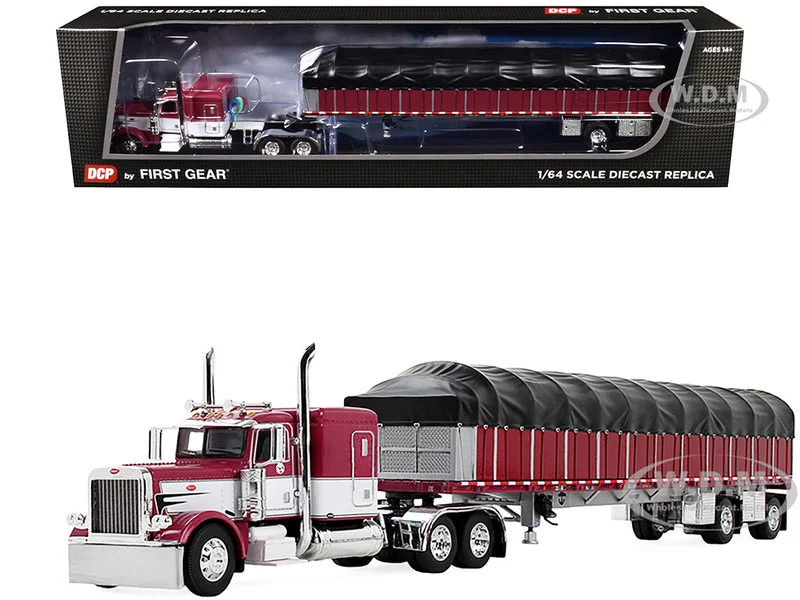 Peterbilt 389 with 63" Flat Top Sleeper and 53’ Wilson Roadbrute Flatbed Trailer with Covered Wagon Maroon with White Stripes 1/64 Diecast Model by DCP/First Gear - Peterbilt Models