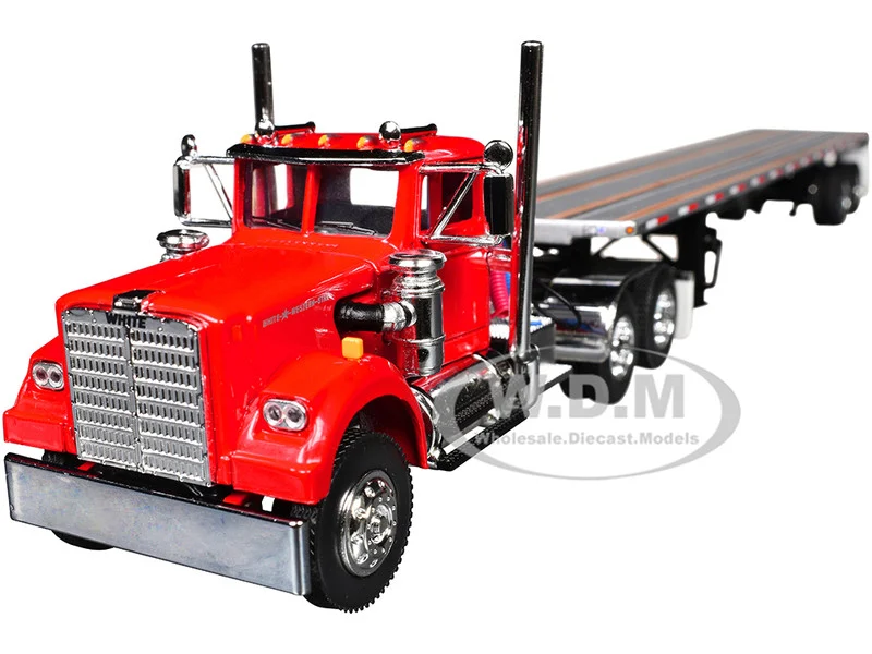 White Western Star 4900 Day Cab with 48’ Utility Flatbed Trailer Viper Red 1/64 Diecast Model by DCP/First Gear - White WC Truck Models