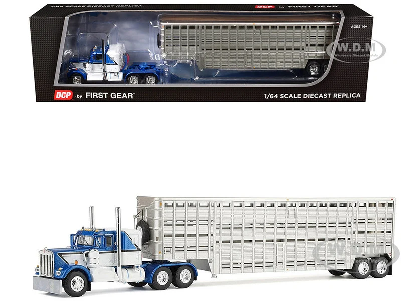 Kenworth W900A with 36" Sleeper and 45' Wilson Vintage Livestock Trailer Mariner Blue and White with Silver Trailer 1/64 Diecast Model by DCP/First Gear - Kenworth Models