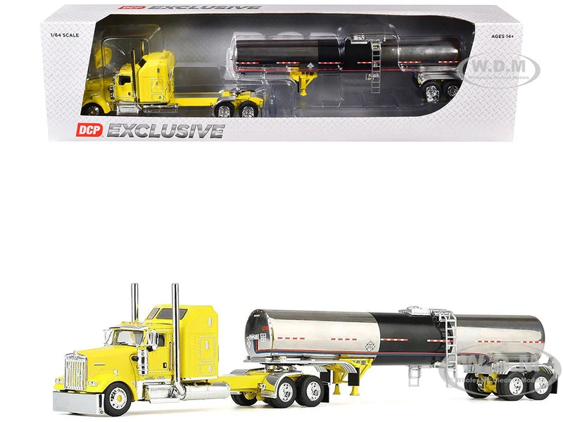 Kenworth W900L with 60" Aerodyne Sleeper and Brenner Tank Trailer "Double C Transport" Yellow 1/64 Diecast Model by DCP/First Gear - Kenworth Models