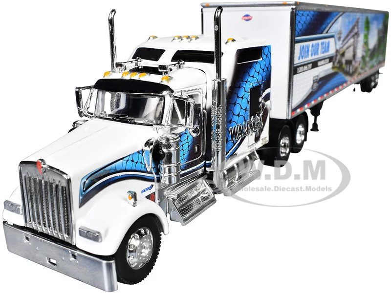 Kenworth W900L with 86" Studio Sleeper and 53' Utility Trailer with Skirts "Walinga" White with Blue Graphics 1/64 Diecast Model by DCP/First Gear - Kenworth Models