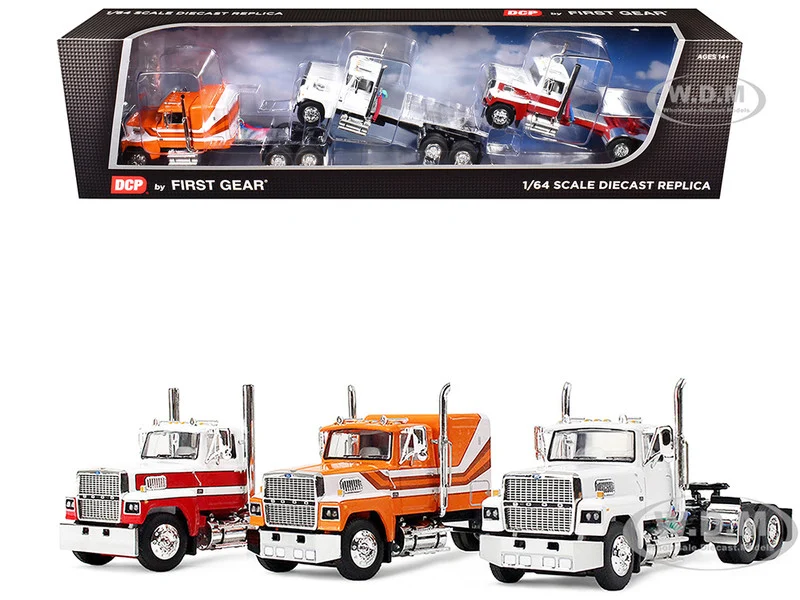 Ford LTL 9000 Trio Set (Two Day Cabs and One 60" Flat Top Sleeper) 1/64 Diecast Model by DCP/First Gear - Ford Models