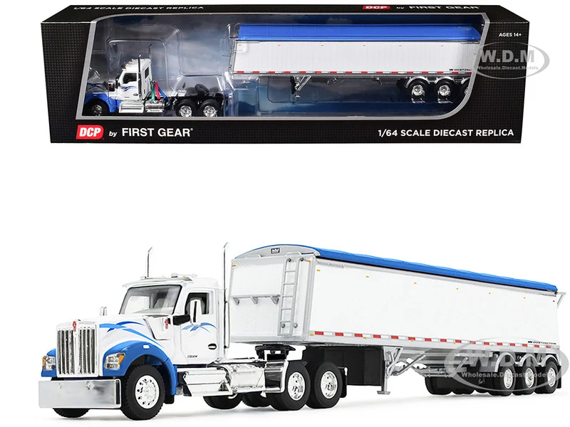 Kenworth W990 Day Cab and Lode King Distinction Hopper Trailer White and Blue 1/64 Diecast Model by DCP/First Gear - Kenworth Models