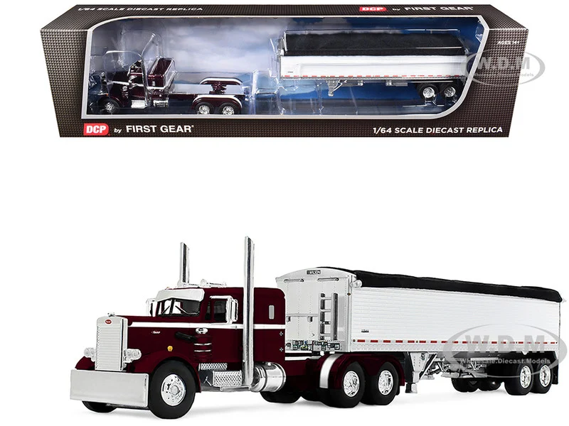 Peterbilt 351 with 36" Sleeper and 34' Wilson Pacesetter Grain Trailer Dark Cherry with White Stripes 1/64 Diecast Model by DCP/First Gear - Peterbilt Models
