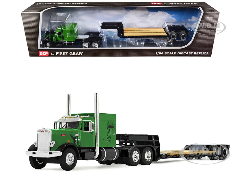 Peterbilt 351 with 60" Vintage Sleeper and Rogers Vintage Lowboy Trailer Green with Black Trailer 1/64 Diecast Model by DCP/First Gear - Peterbilt Models