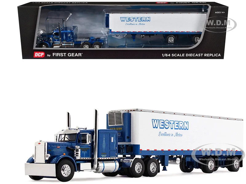 Peterbilt 351 with 63" Flat Top Sleeper and 40' Vintage Trailer with Reefer "Western Distributing" Blue Metallic and White 1/64 Diecast Model by DCP/First Gear - Peterbilt Models