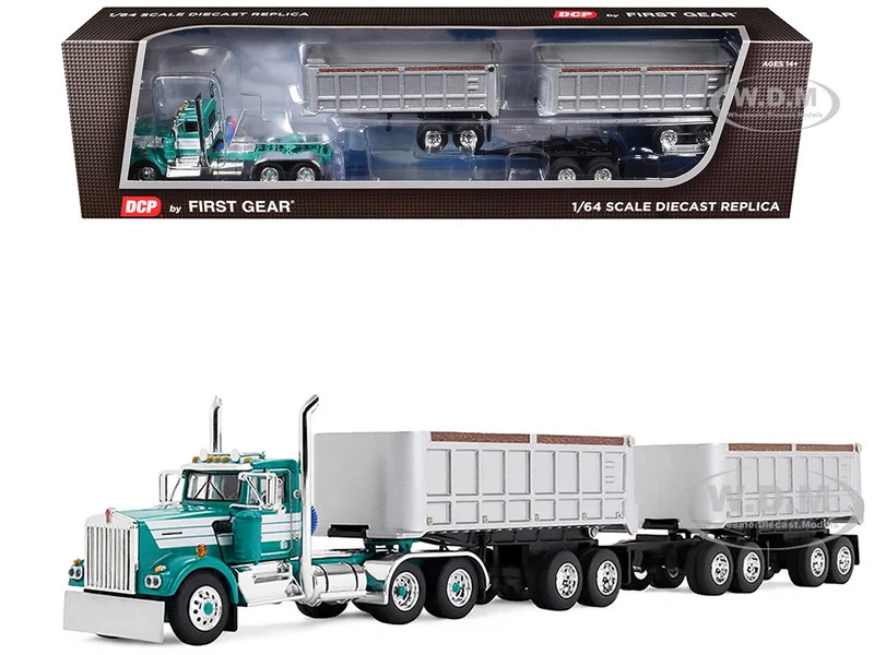 Kenworth W900A Day Cab with 22' Dual End Dump Trailers Turquoise with White Stripes 1/64 Diecast Model by DCP/First Gear - Kenworth Models