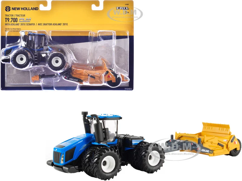 New Holland T9.700 Tractor Blue with Ashland 2811E Scraper Yellow 1/64 Diecast Model by ERTL TOMY - 1/64 Scale Sets