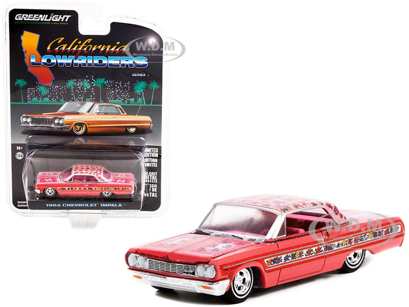 1964 Chevrolet Impala Lowrider Pink Metallic with Rose Graphics and Pink Interior "California Lowriders" Release 1 1/64 Diecast Model Car by Greenlight - Chevrolet Models