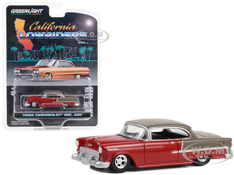 1955 Chevrolet Bel Air Lowrider Ruby Red and Matt Bronze "California Lowriders" Series 3 1/64 Diecast Model Car by Greenlight - Chevrolet Models