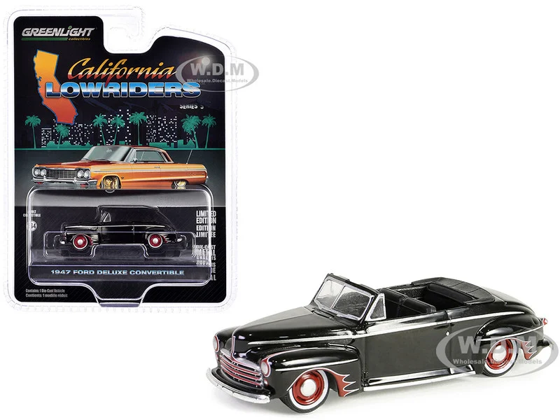 1947 Ford Deluxe Convertible Lowrider Black wit h Red Graphics "California Lowriders" Series 5 1/64 Diecast Model Car by Greenlight - Ford Models