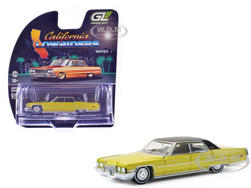 1971 Cadillac Sedan Deville Lowrider Gold Metallic with Black Top "California Lowriders" Series 7 1/64 Diecast Model Car by Greenlight - Cadillac Models