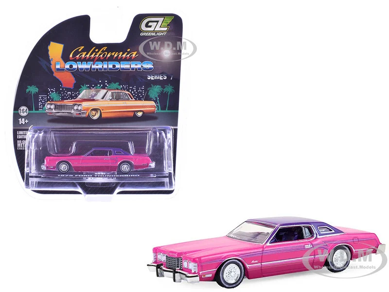 1975 Ford Thunderbird Lowrider Pink Metallic with Purple Top and Graphics with Purple Interior "California Lowriders" Series 7 1/64 Diecast Model Car by Greenlight - Ford Models