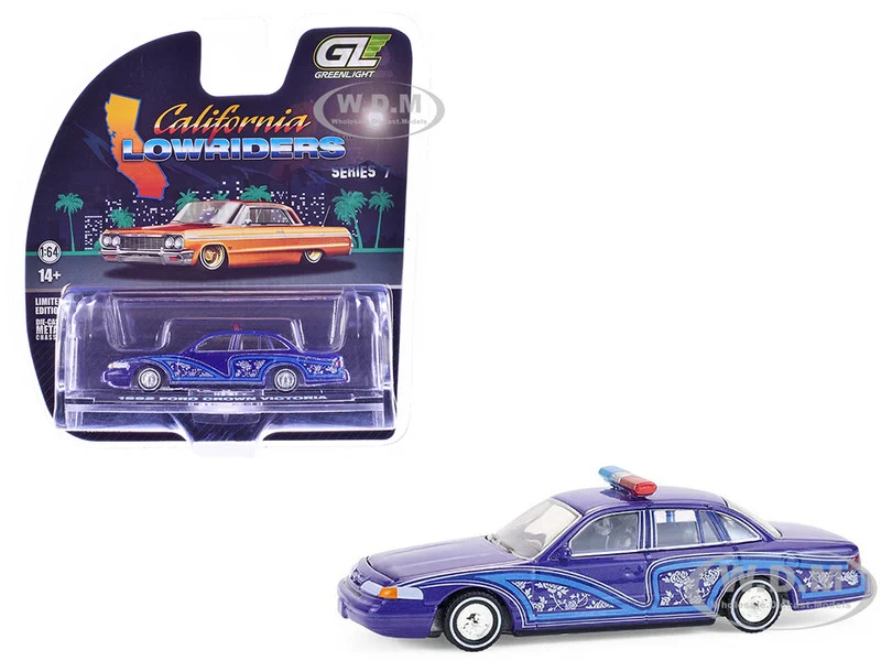 1992 Ford Crown Victoria Lowrider Blue with Graphics and Lightbar "California Lowriders" Series 7 1/64 Diecast Model Car by Greenlight - Ford Models
