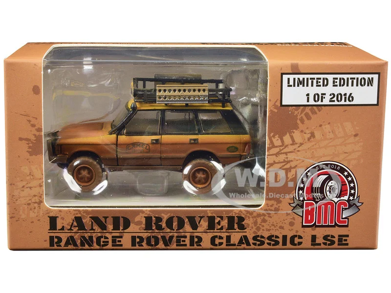 Land Rover Range Rover Classic LSE RHD (Right Hand Drive) "Camel Trophy" Yellow (Dirty Mud Version) with Roof Rack, Extra Wheels and Accessories Limited Edition to 2016 pieces Worldwide 1/64 Diecast Model Car by BM Creations - Range/Land Rover Models