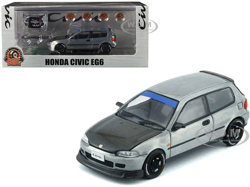 Honda Civic EG6 RHD (Right Hand Drive) Raw Metal with Carbon Hood with Alternates 1/64 Diecast Model Car by BM Creations - Honda Models
