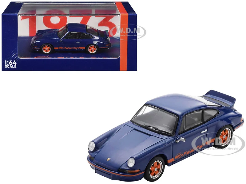 1973 Porsche 911 RS 2.7 Blue with Orange Stripes 1/64 Model Car by Spark - Porsche Models