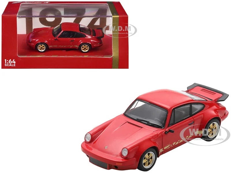 1974 Porsche 911 Carrera RS 3.0 Red with Gold Stripes 1/64 Model Car by Spark - Porsche Models